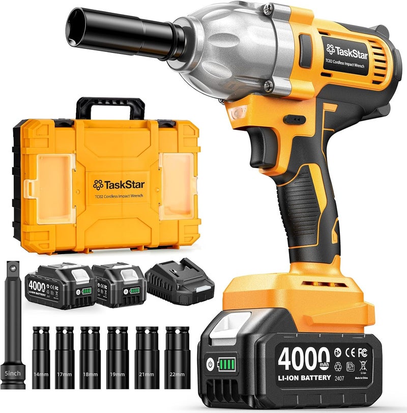 TaskStar Cordless Impact Wrench 1/2 Inch, 1200N·m(886ft・lbs) Brushless High Torque Impact Gun, 21V Electric Impact Driver, 2x4.0Ah Batteries, Charger & 6 Sockets, Variable Speeds for Car/Truck RV/Mower - Image 1